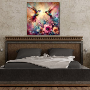 Poster Colibris Colorés Dans Un Jardin De Fleurs Aquarell