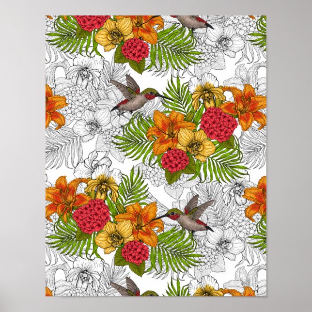 Poster Colibris et bouquet tropical (Devant)
