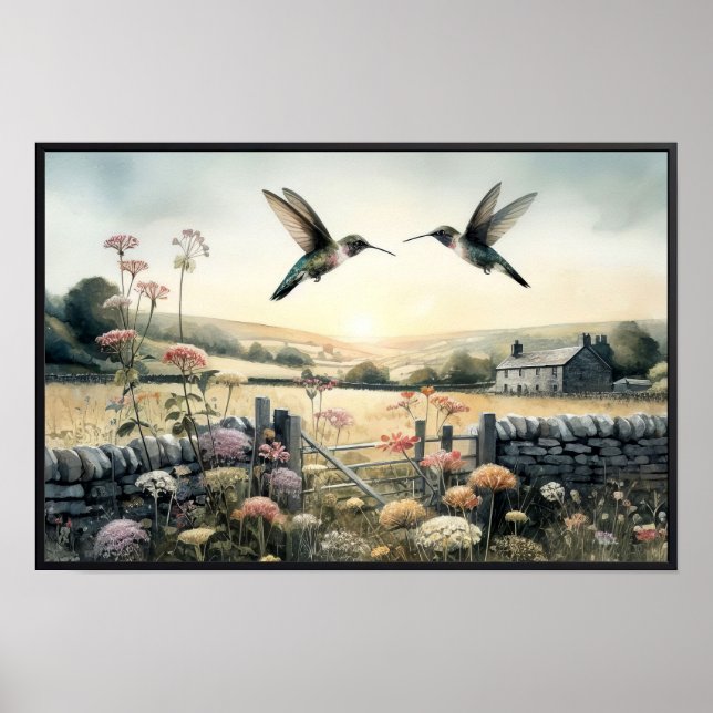 Poster Colibris et Fleurs sauvages avec cadre en option (Devant)