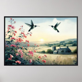 Poster Colibris et Fleurs sauvages avec cadre en option