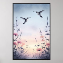 Poster Colibris et Fleurs sauvages avec cadre en option