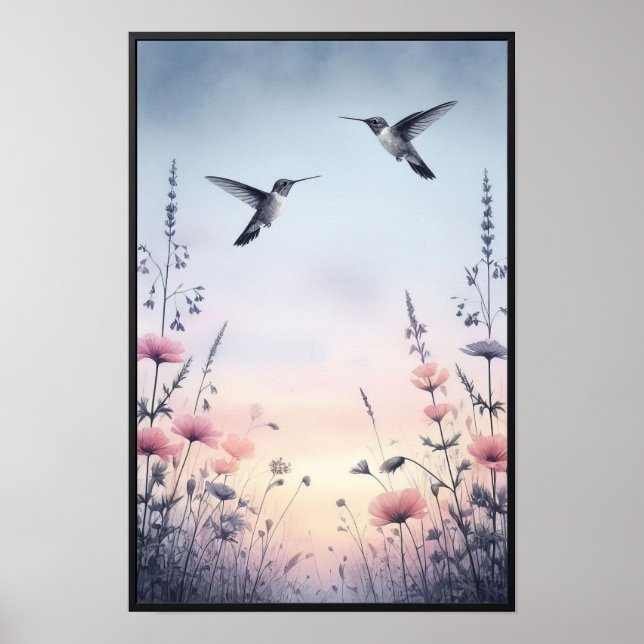 Poster Colibris et Fleurs sauvages avec cadre en option (Devant)