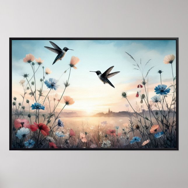 Poster Colibris et Fleurs sauvages avec cadre en option (Devant)