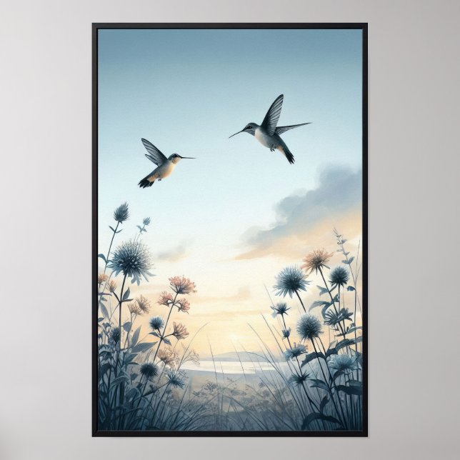 Poster Colibris et Fleurs sauvages avec cadre en option (Devant)