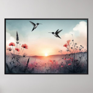 Poster Colibris et Fleurs sauvages avec cadre en option