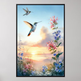 Poster Colibris et Fleurs sauvages avec cadre en option