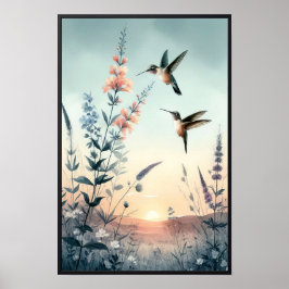 Poster Colibris et Fleurs sauvages avec cadre en option