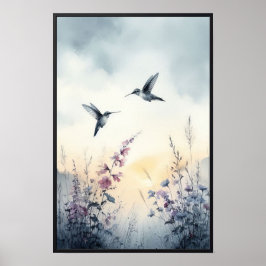 Poster Colibris et Fleurs sauvages avec cadre en option