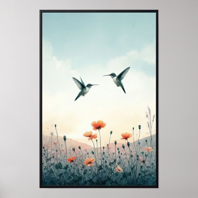 Poster Colibris et Fleurs sauvages avec cadre en option (Devant)
