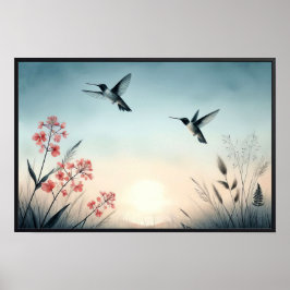 Poster Colibris et Fleurs sauvages avec cadre en option