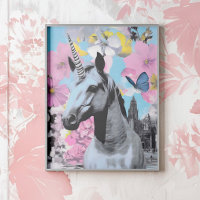Collage Art Pop Rose et Unicorne Bleu