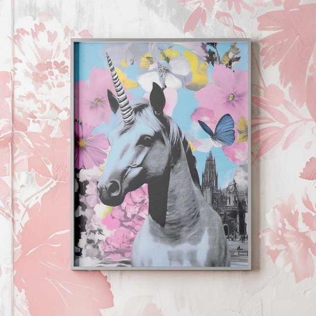 Poster Collage Art Pop Rose et Unicorne Bleu (Elevate your décor with this standout piece, ideal for lovers of vintage flair.)