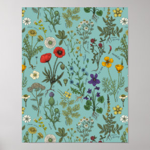 Poster Collage de fleurs sauvages sur fond bleu