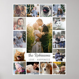 Poster Collage de photos de famille 15 images + nom gris