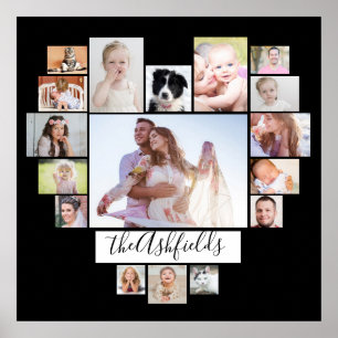 Poster Collage de photos de famille Coeur 17 photos noir