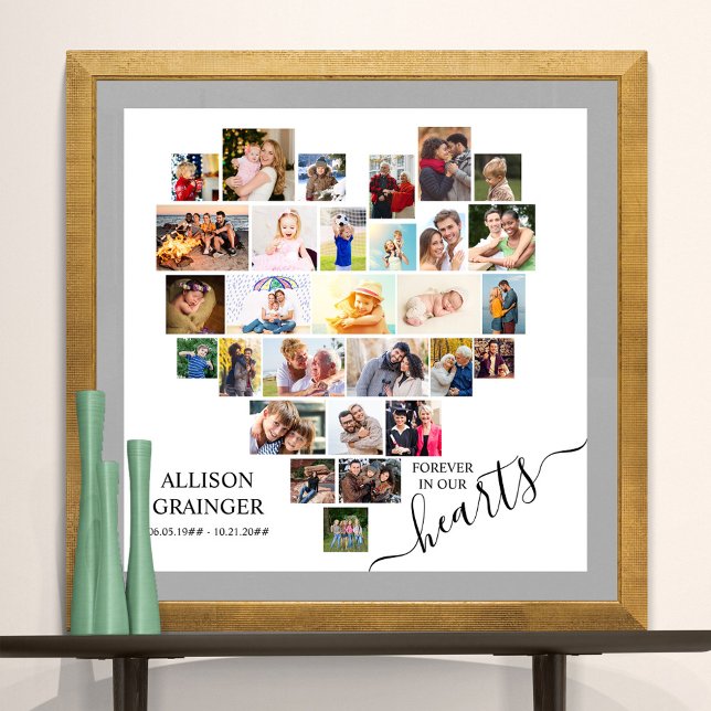 Poster Collage de photos en forme de coeur (Funeral memorial poster to order professionally printed or as a printable digital download)