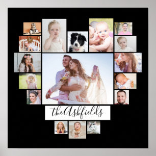 Poster Collage de photos familiales Coeur 17 Photos Nom N