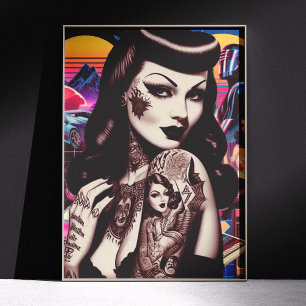 Poster Collage de pin-up tatouée rétrowave