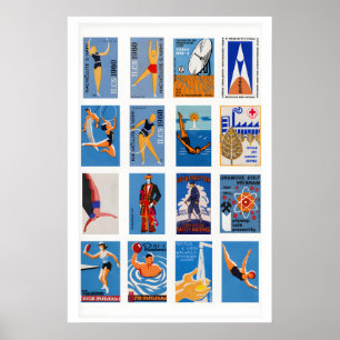 Poster Collage d'étiquettes de boîtes d'allumettes bleues
