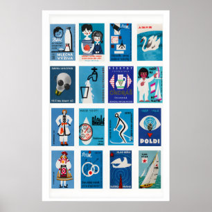 Poster Collage d'étiquettes de boîtes d'allumettes bleues