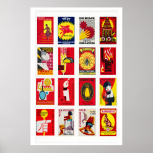 Poster Collage d'étiquettes de boîtes d'allumettes rouges