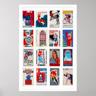 Poster Collage d'étiquettes de boîtes d'allumettes rouges