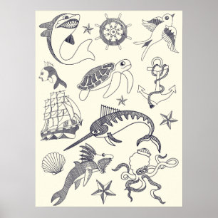 Poster Collage Nautique Ancien Sailor Tattoos