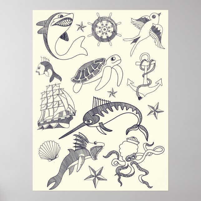 Poster Collage Nautique Ancien Sailor Tattoos (Devant)