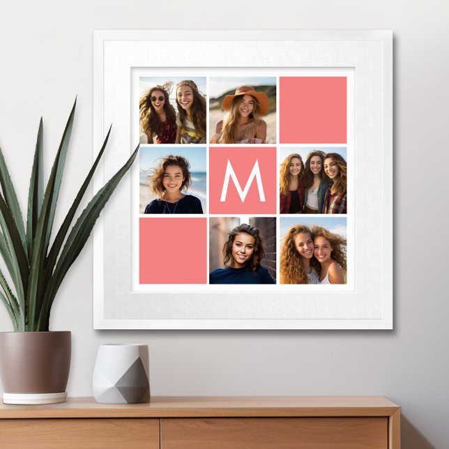 Poster Collage photo de corail et blanc Monogramme person (Custom Poster with Photo Collage)