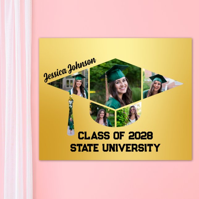 Poster Collage photo de la forme de la casquette de gradu (Gold Graduation Cap Photo Collage Poster)