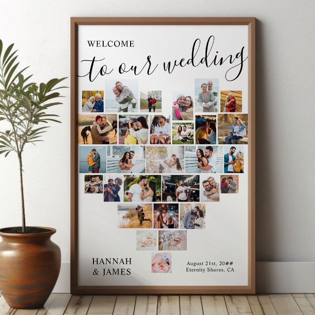 Poster Collage photo en forme de coeur 29 Mariage de phot (Wedding welcome poster with heart shaped photo collage - available printed or digital download.)