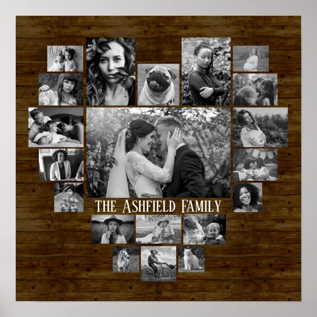 Poster Collage Photo Famille 20 B&W Heart Pics + Nom Wood (Devant)