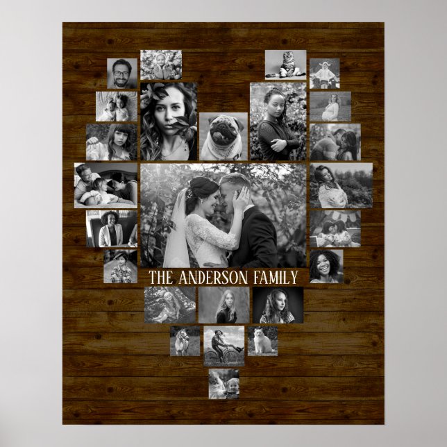 Poster Collage Photo Famille 25 B&W Heart Pics + Nom Wood (Devant)