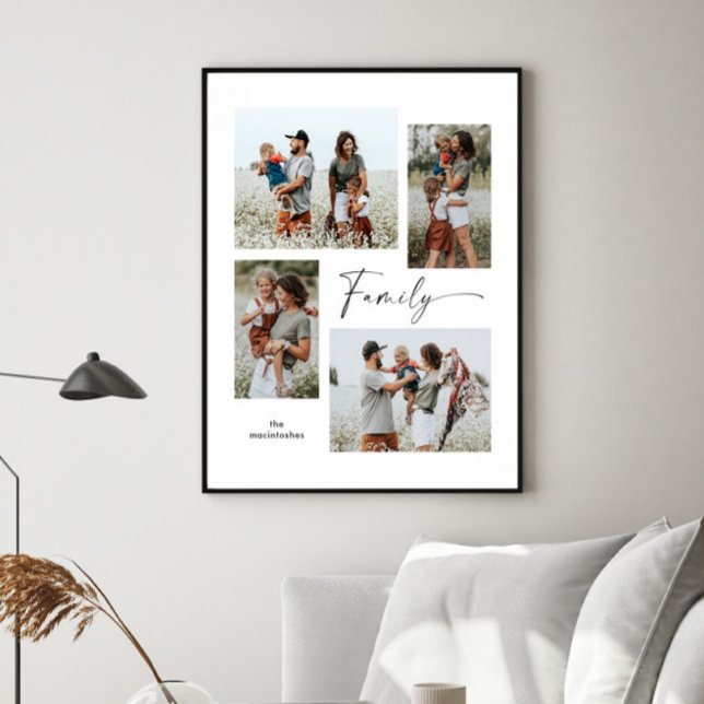 Poster Collage photo simple Famille noire et blanche (Simple black and white script family 4 photo collage print poster.)