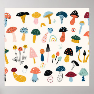 Poster Collection de champignons d'automne dessinés à la