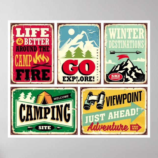 Poster collection de panneaux rétro randonnée et camping. (Devant)