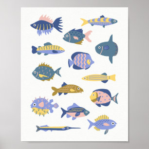Poster Collection de petits poissons dessinés à la main e