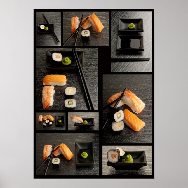 Poster Collection de sushis sur arrière - plan noir (Devant)
