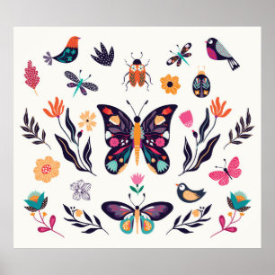 Poster Collection d'éléments d'été du printemps à main wi