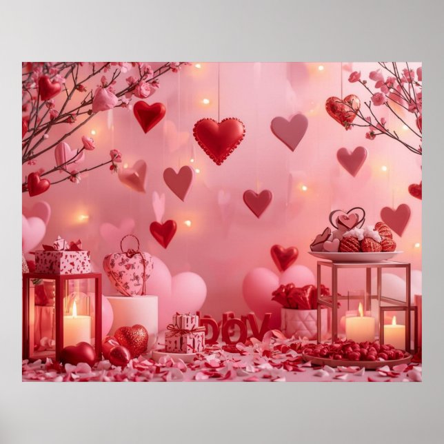 Poster Collection of Pink and Red Hearts on a Modern Wall (Devant)
