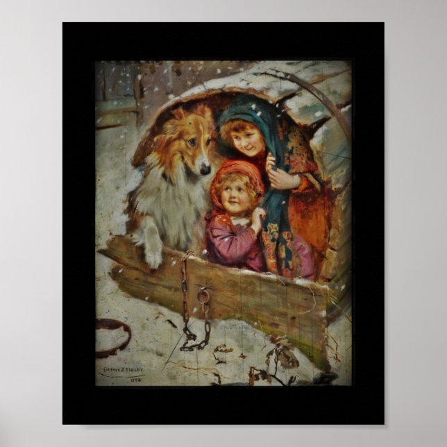 Poster Collie avec des enfants dans une niche (Devant)