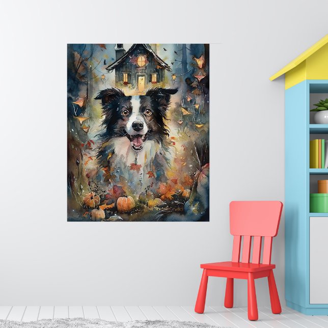 Poster Collie frontalier d'Halloween avec effroi Citrouil (Pépinière 1)