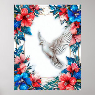 Poster Colombe blanche dans un cadre bleu orné