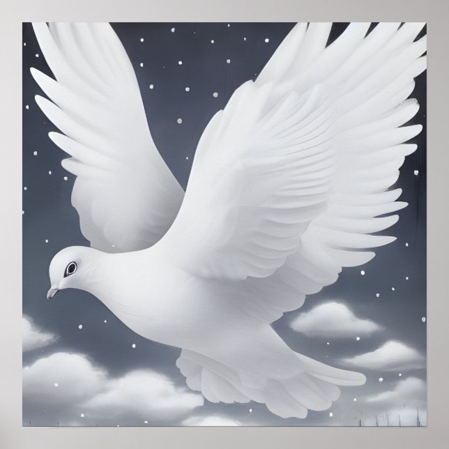 Poster Colombe de mariage blanche dans les nuages (Devant)