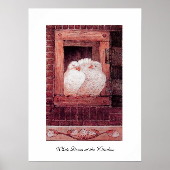 Poster COLOMBES BLANCHES À LA FENÊTRE, anique rose rouge (Devant)