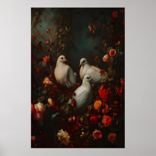 Poster Colombes dans le jardin sombre académia, mur botan