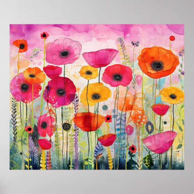 Poster Coloré Vibrant Fleur de pavot Champ floral (Devant)