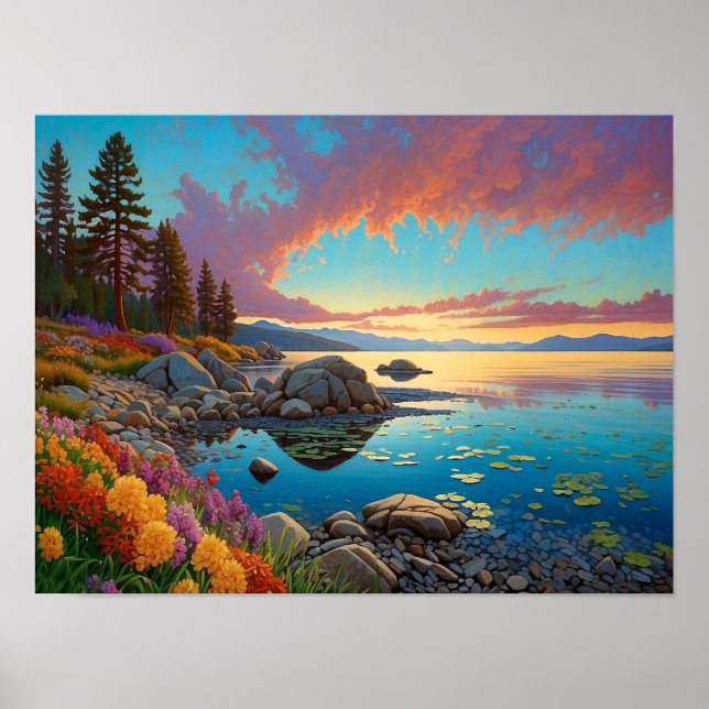 Poster Colorful Mountain Lake Flowers Art (Devant)