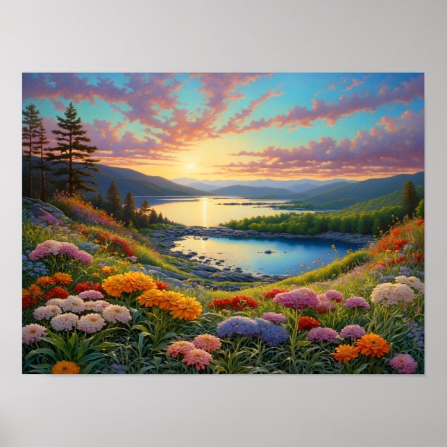 Poster Colorful Mountain Lake Flowers Art (Devant)