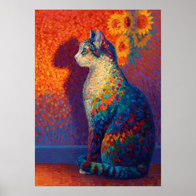 Poster Colorful Pointillism Cat with Sunflowers Art (Devant)